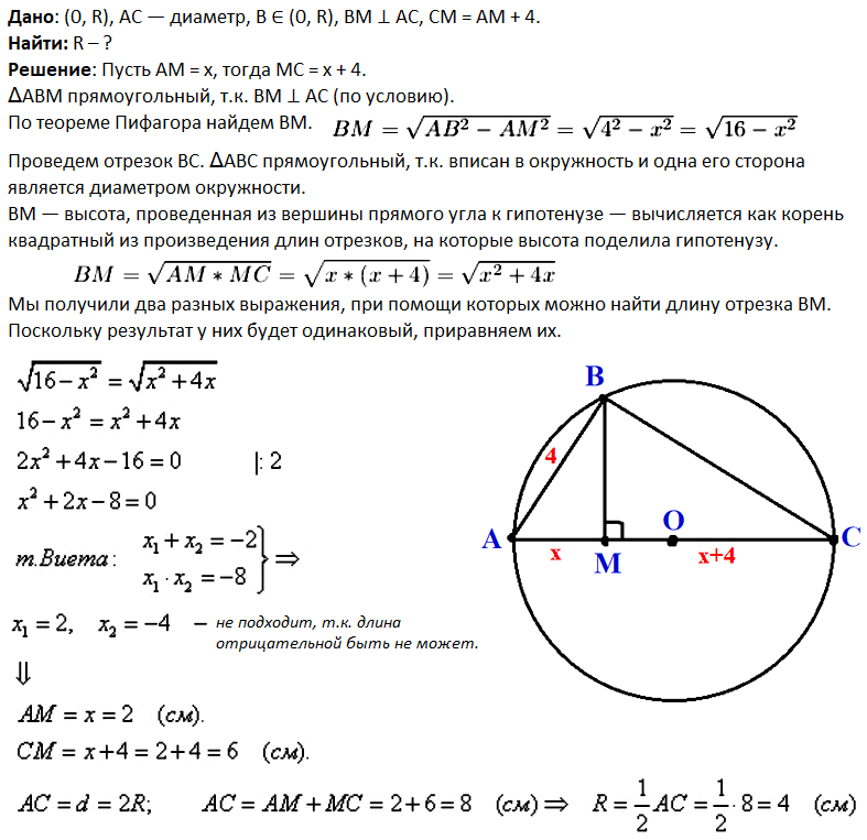 Из точки B окружности опущен перпендикуляр BM на её диаметр AC, AB = 4 см. Найдите радиус окружности, если отрезок AM на 4 см меньше отрезка CM.